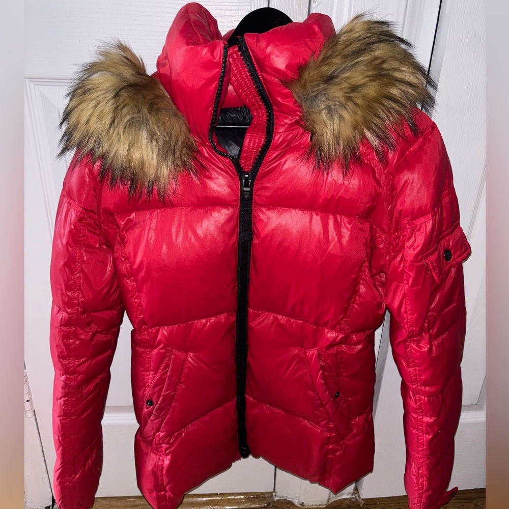S13 Red Puffer Jacket with Faux Fur Collar